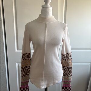Free People Cream Sweater with Patterned Sleeves